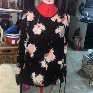 Maurices Black Floral Blouse with Pink and White Accents